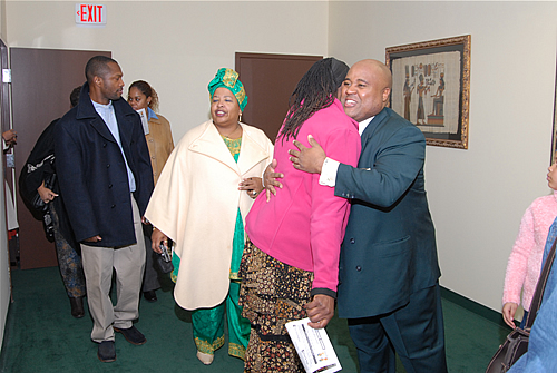 Delxino greets Sylvia as she enters the Holding Room, TAG TEAM Marketing Atlanta Facility Grand Opening